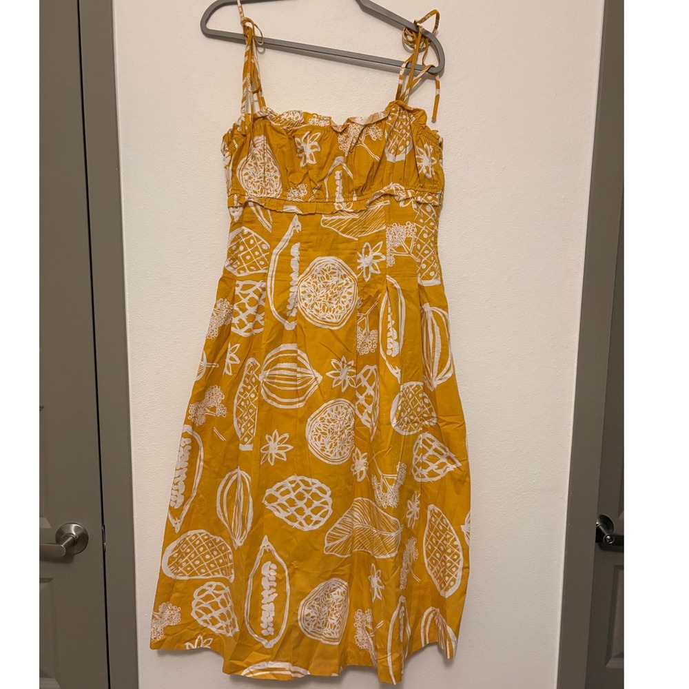 En Saison Mustard Yellow Tropical Fruit Cotton Midi Dress Tie Strap Boho L yy
